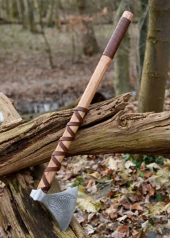 Wikinger-Axt aus Stahl, gegossen, Typ M, mit Gravur und Lederwicklung