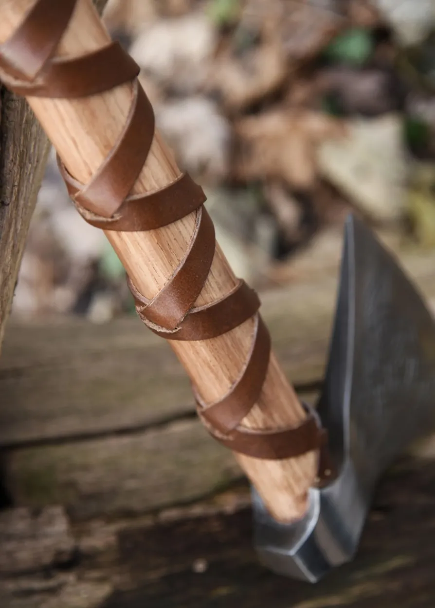 Wikinger-Axt aus Stahl, gegossen, Typ M, mit Gravur und Lederwicklung