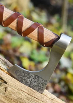 Wikinger-Axt aus Stahl, gegossen, Typ C, mit Gravur und Lederwicklung