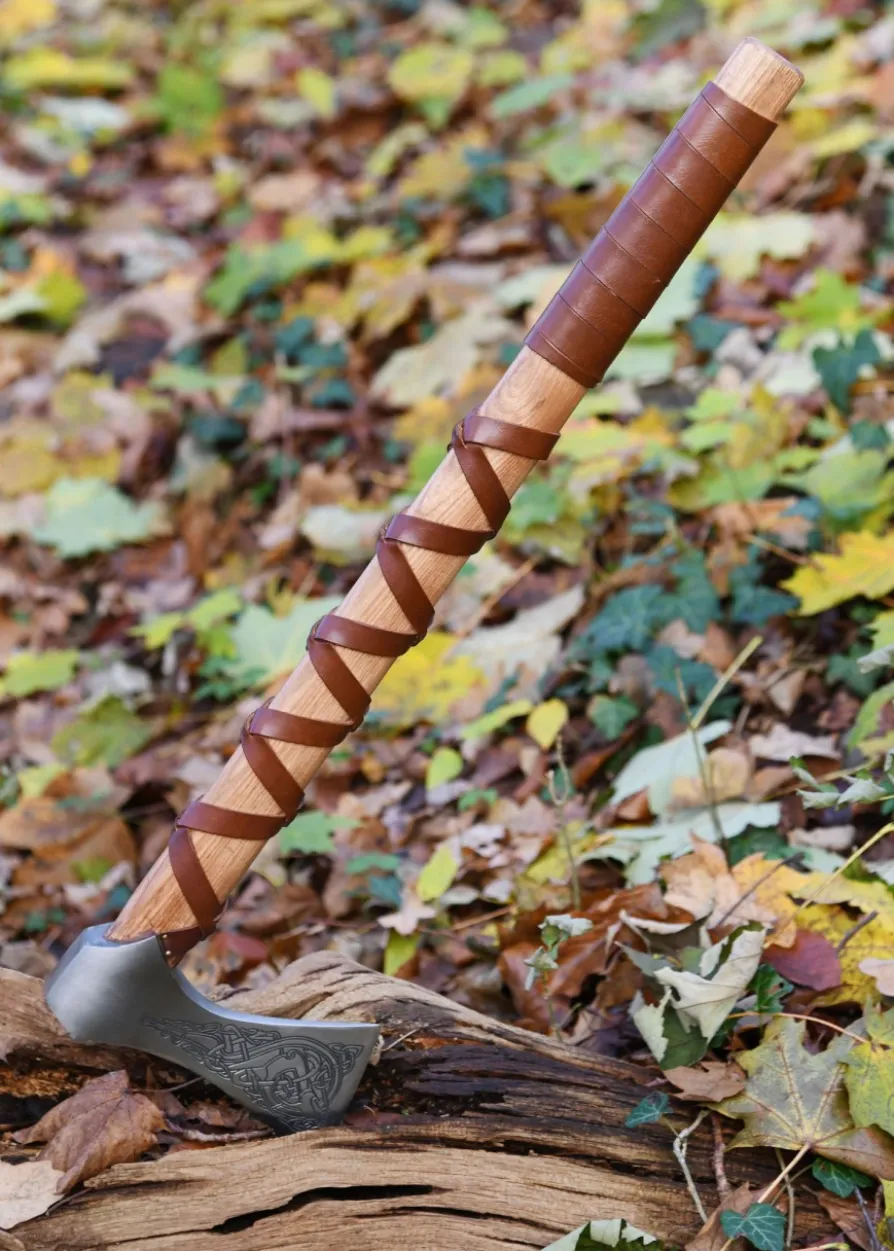 Wikinger-Axt aus Stahl, gegossen, Typ K, mit Gravur und Lederwicklung