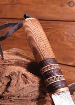 Wikinger-Messer aus Damaststahl, Holzgriff mit Knochenbesatz, leichte Mängel