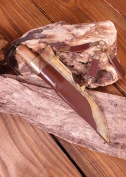 Wikinger-Messer aus Damaststahl, Holzgriff mit Knochenbesatz, leichte Mängel
