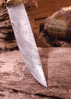Wikinger-Messer aus Damaststahl, Holzgriff mit Knochenbesatz, leichte Mängel