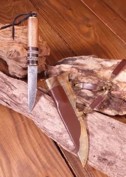 Wikinger-Messer aus Damaststahl, Holzgriff mit Knochenbesatz, leichte Mängel