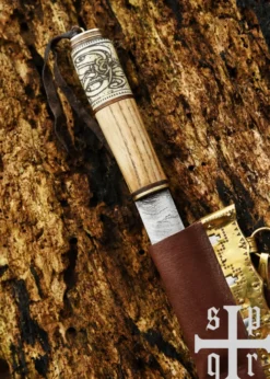 Wikinger-Messer, Damaststahl, Holz-/Knochengriff m. Knotenmuster