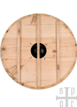 Wikinger Rundschild aus Holz und Segeltuch, mit Eisenbuckel