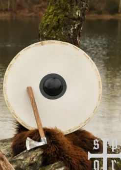 Wikinger Rundschild aus Holz und Segeltuch, mit Eisenbuckel