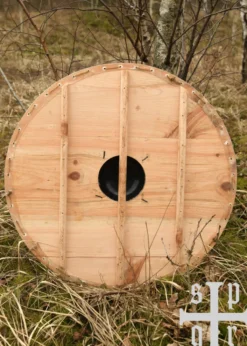Wikinger Rundschild aus Holz und Segeltuch, mit Eisenbuckel