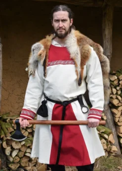 Wikinger Tunika Halvar mit Stickerei, natur/rot