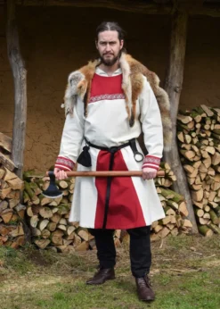 Wikinger Tunika Halvar mit Stickerei, natur/rot