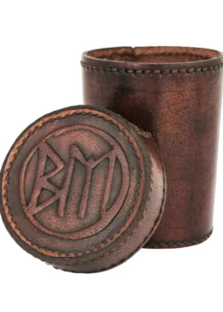 Würfelbecher aus Leder mit Deckel, BM-Prägung, braun