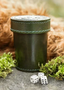 Würfelbecher aus Leder mit Deckel, Knotenmuster-Prägung, grün