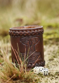 Würfelbecher aus Leder mit geprägtem Thorshammer, braun