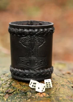 Würfelbecher aus Leder mit geprägtem Thorshammer, schwarz